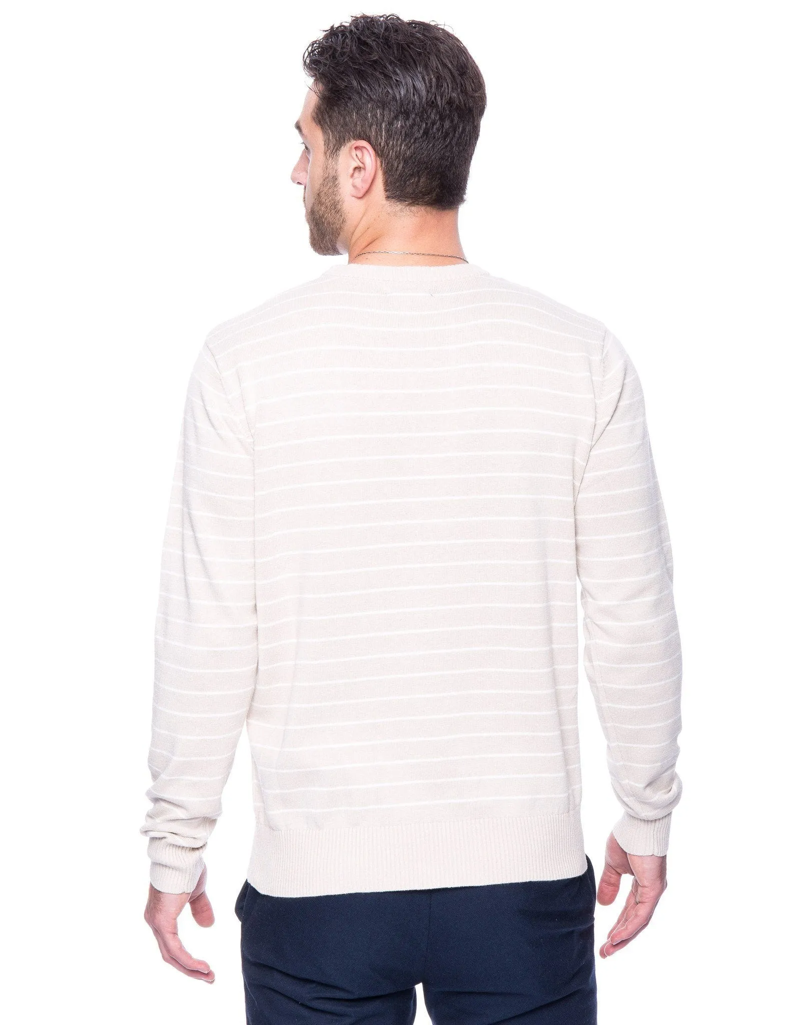 Tocco Reale Men's 100% Cotton Crew Neck Sweater - Stripes Stone/Ivory