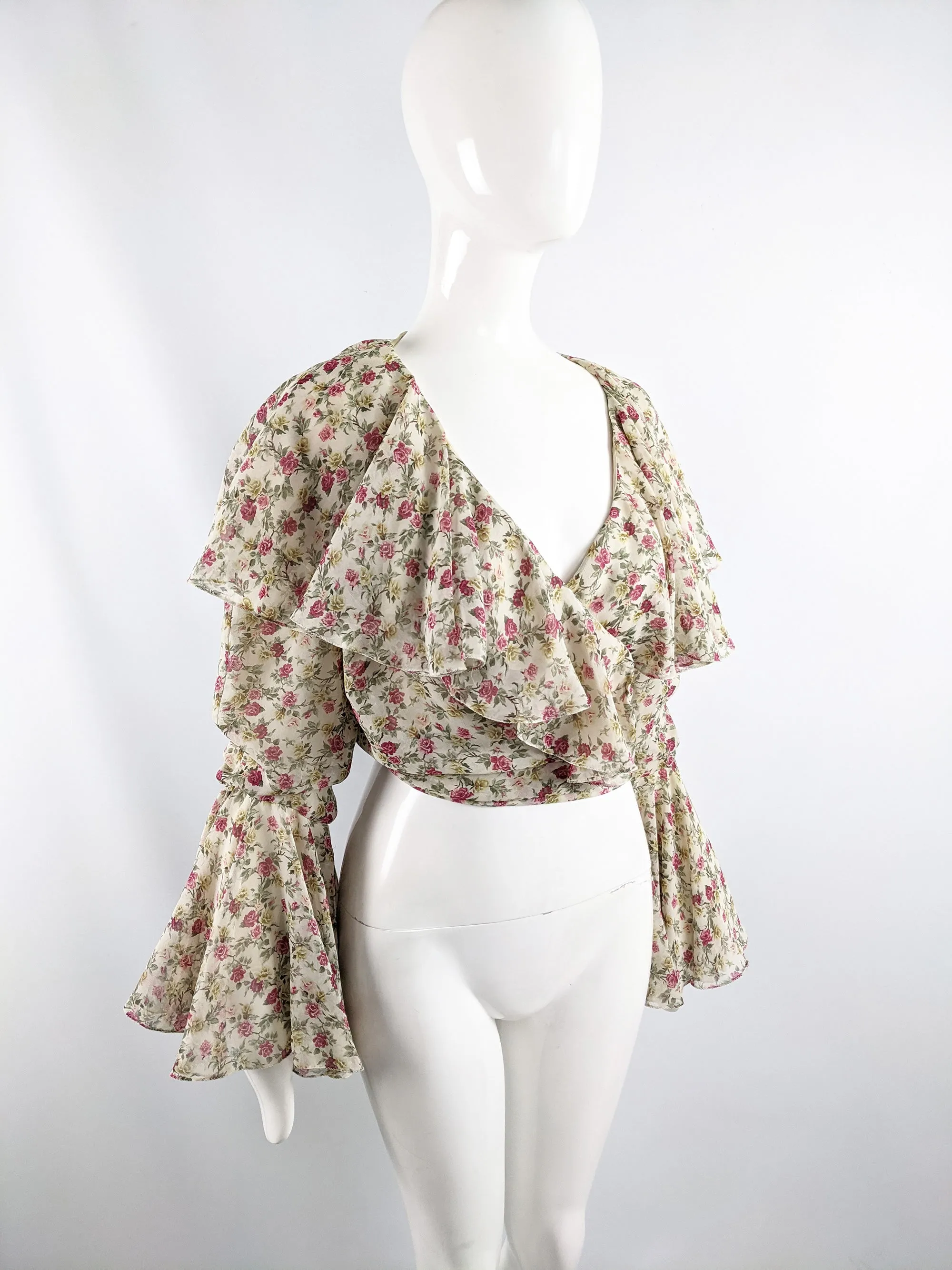 Vintage Romantic Floral Print Chiffon Bell Sleeve Blouse, 1980s