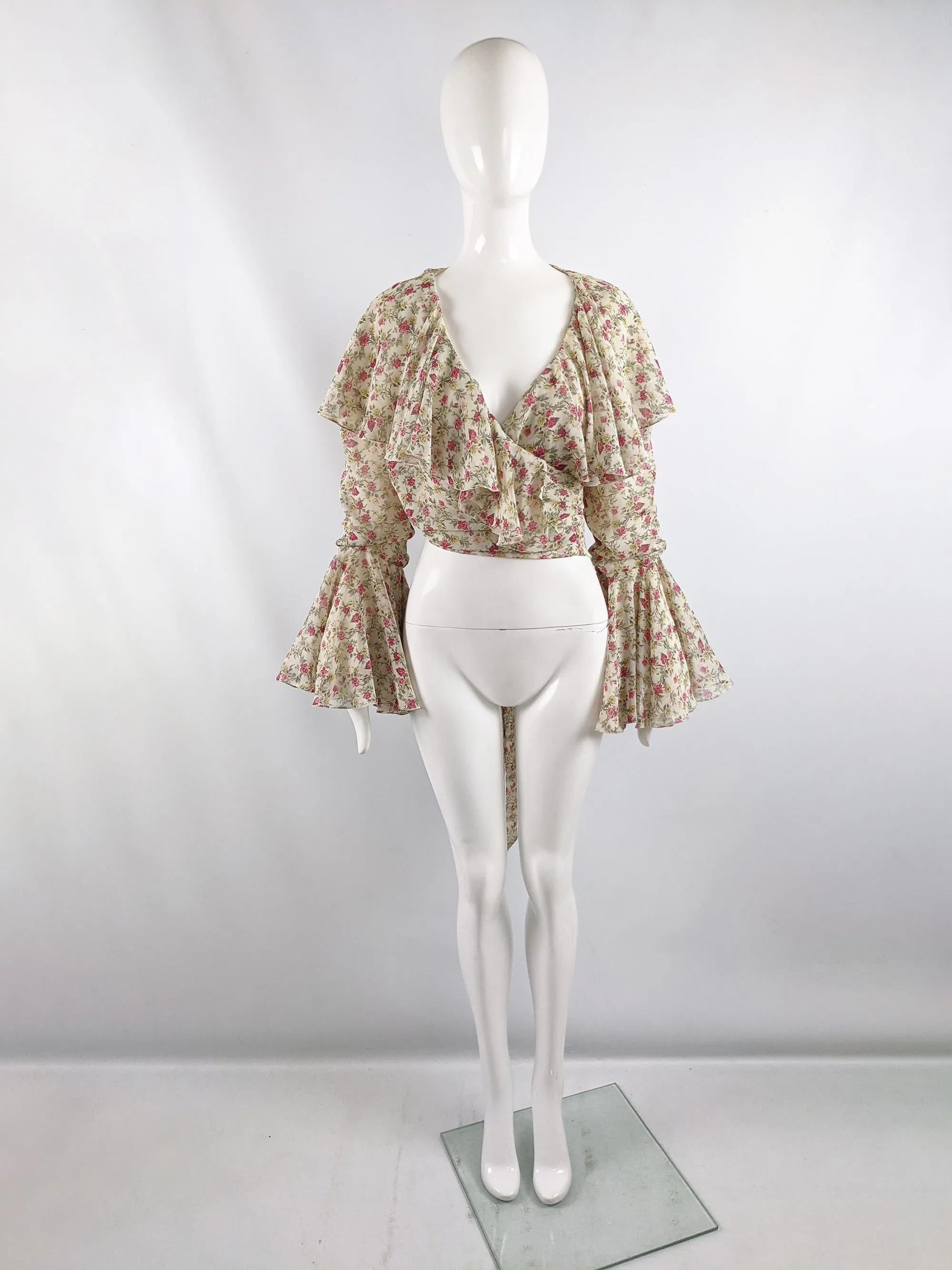 Vintage Romantic Floral Print Chiffon Bell Sleeve Blouse, 1980s