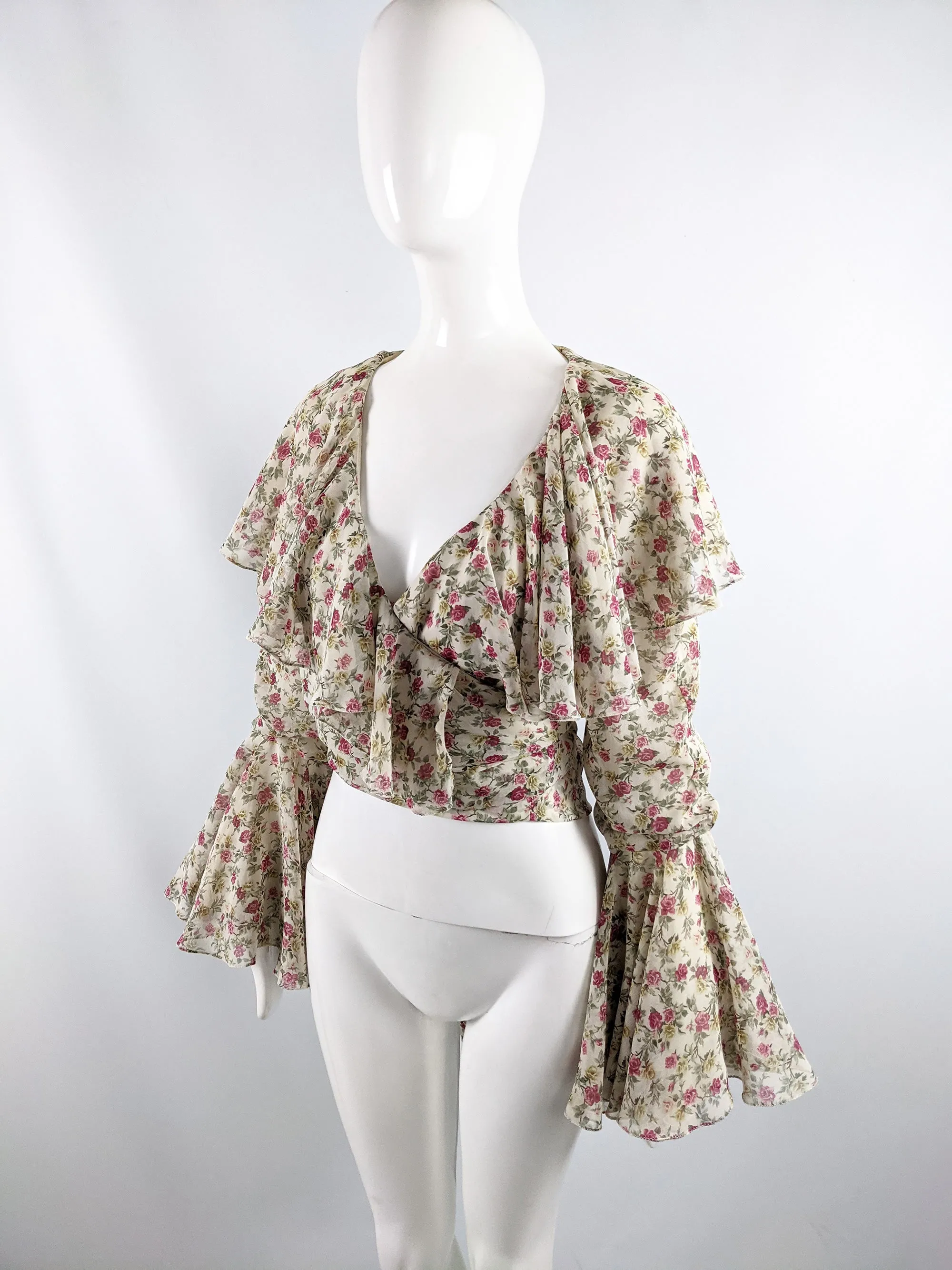 Vintage Romantic Floral Print Chiffon Bell Sleeve Blouse, 1980s