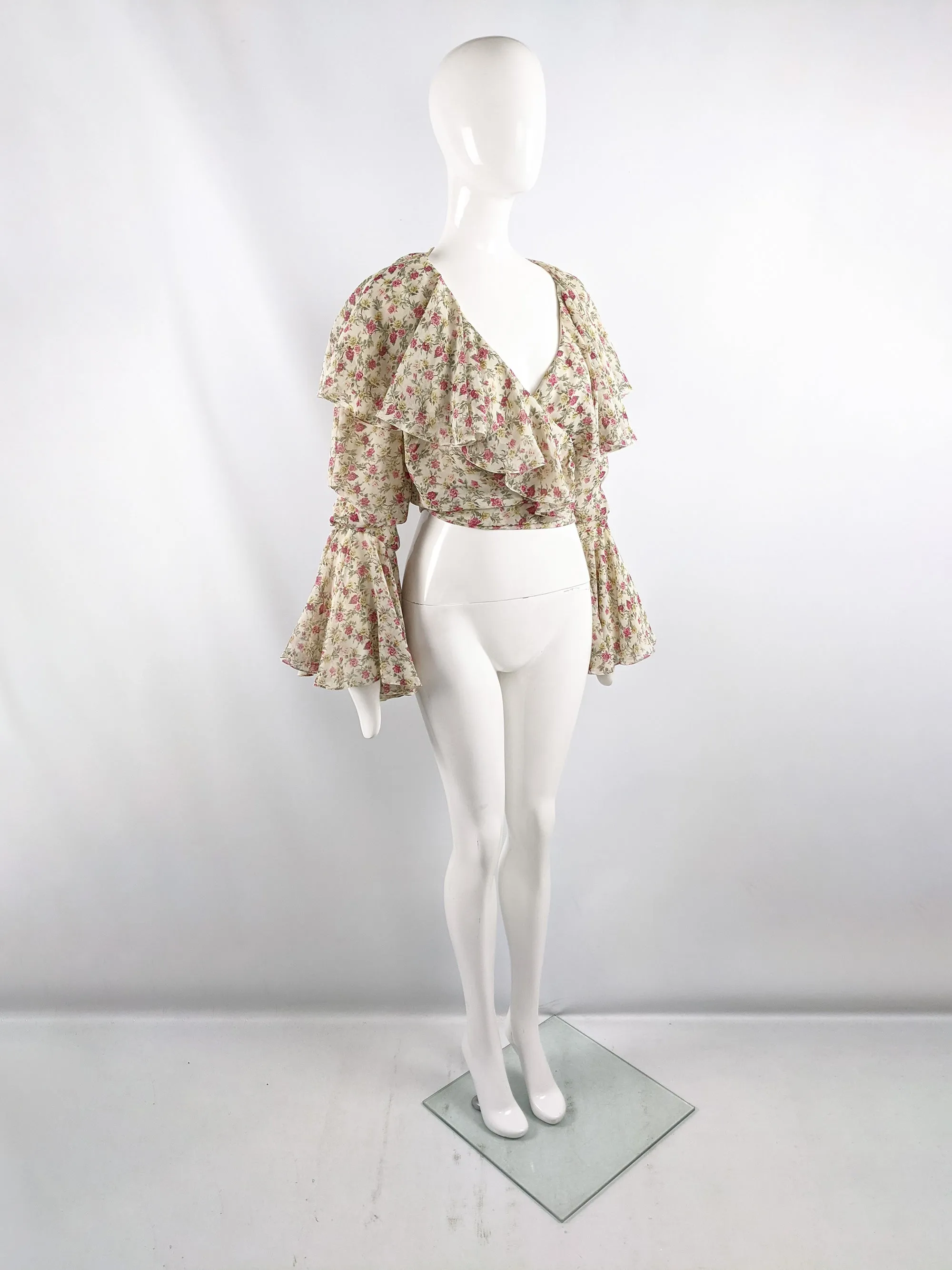 Vintage Romantic Floral Print Chiffon Bell Sleeve Blouse, 1980s