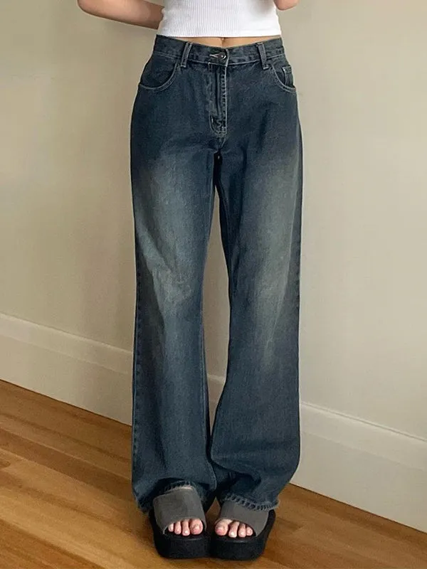 Wenkouban Vintage dark blue boyfriend jeans with washed effect