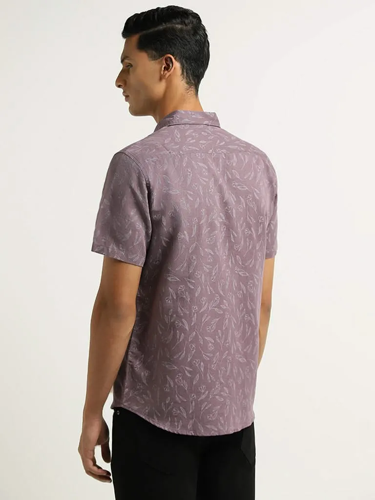 WES Casuals Purple Printed Slim Fit Blended Linen Shirt