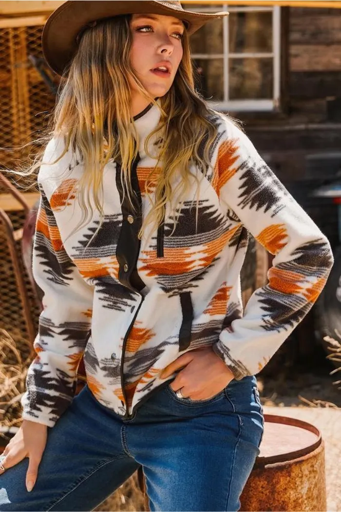 Western Aztec Snap Buttoned Fleece Jacket