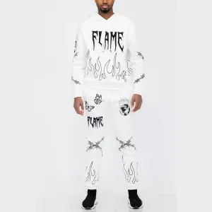 White Chenille Flame Sweat Suit