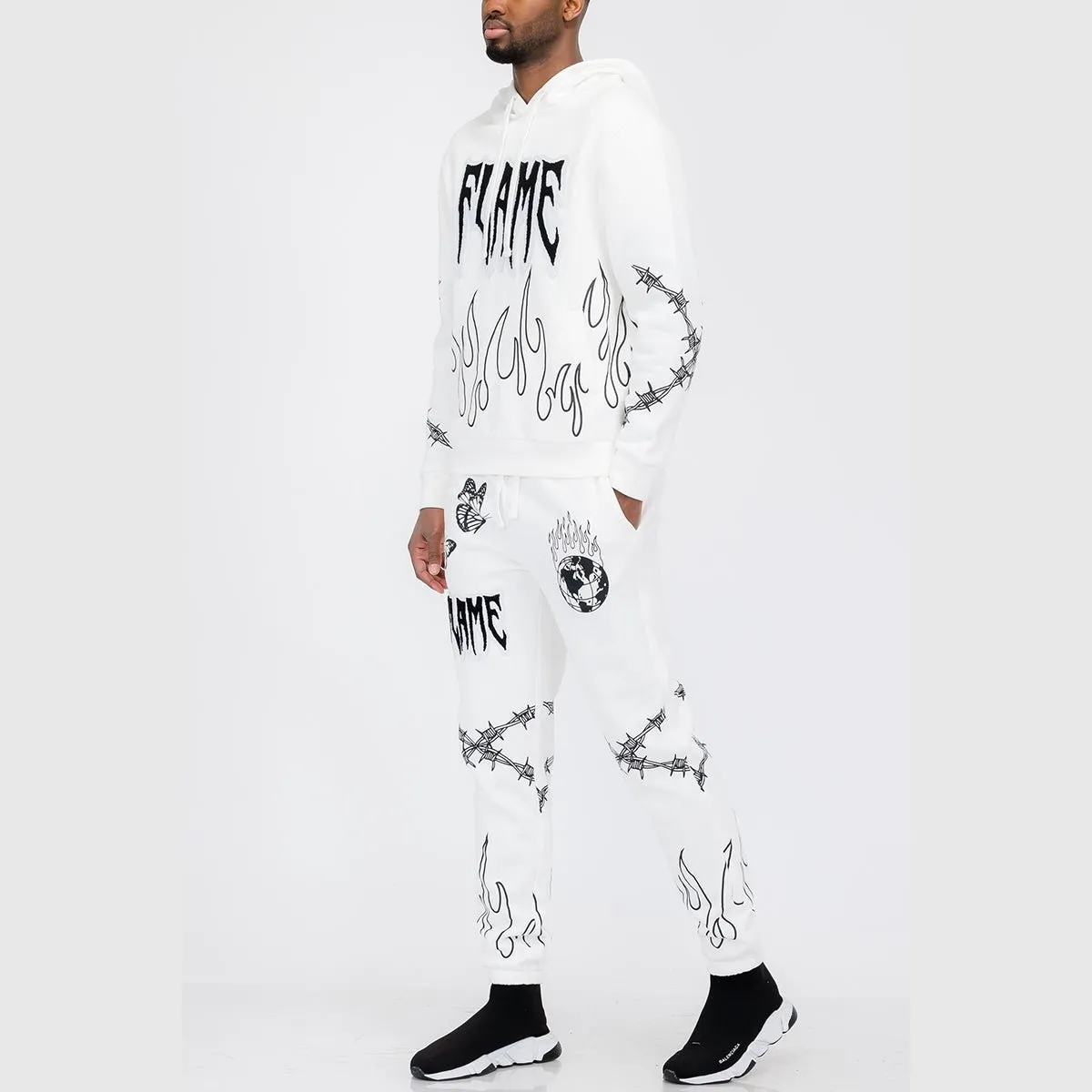 White Chenille Flame Sweat Suit