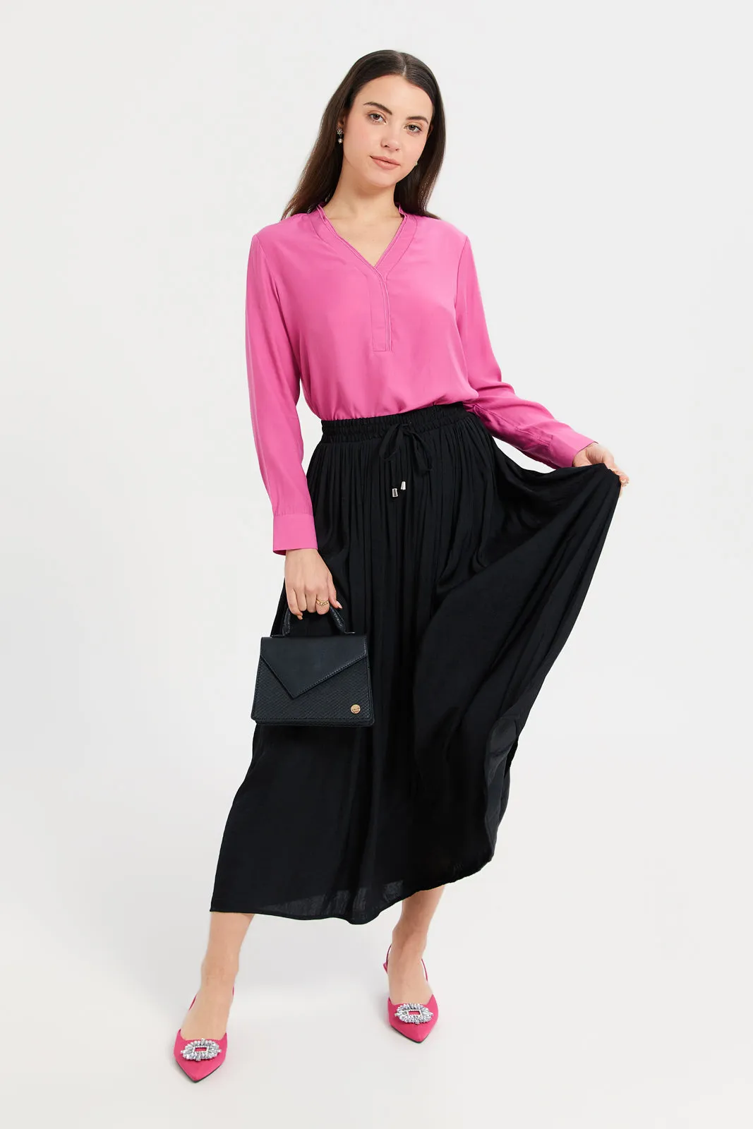 Women Black Elasticated Drawstring Skirt