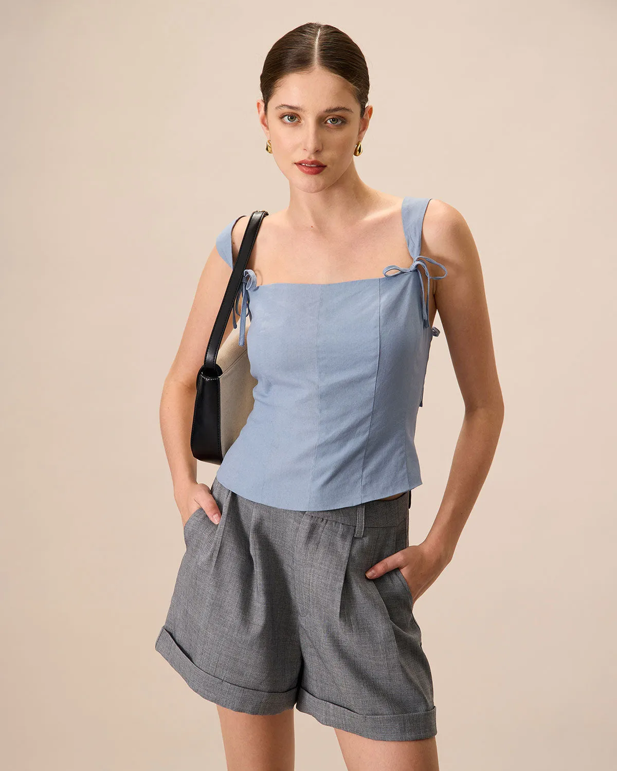 Women's Blue Square Neck Bowknot Tank Top