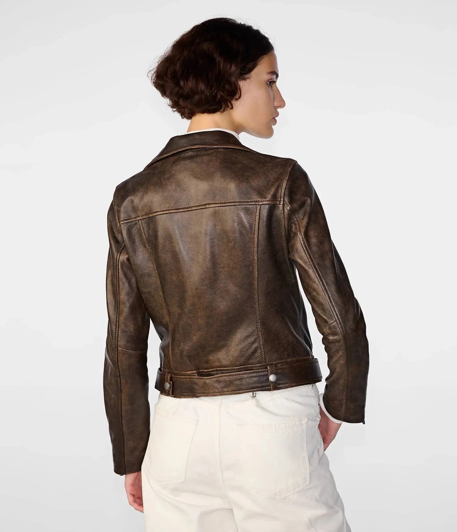 Women's Distressed Brown Leather Moto Jacket