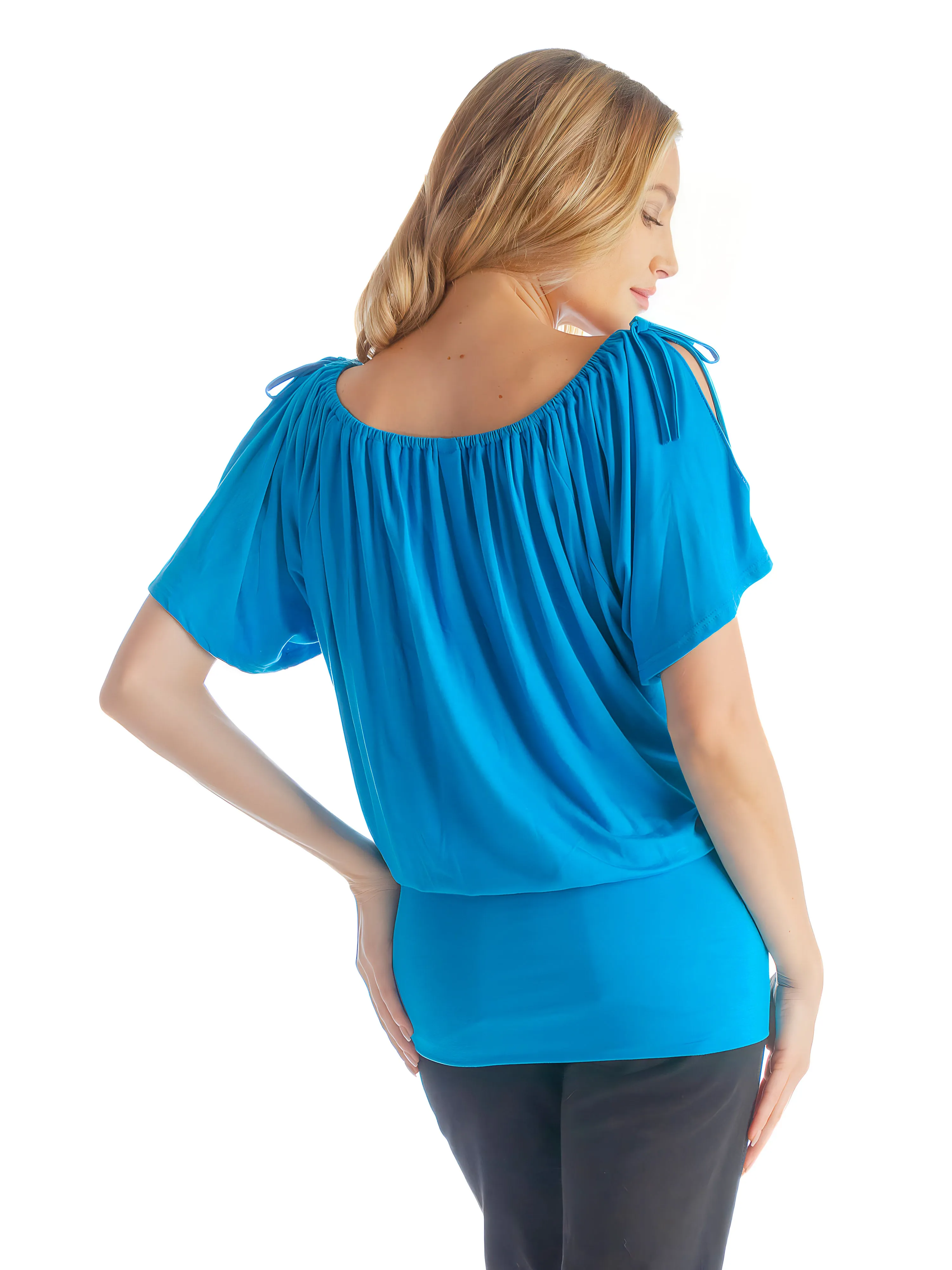 Womens Solid Color Short Sleeve Split Shoulder Top