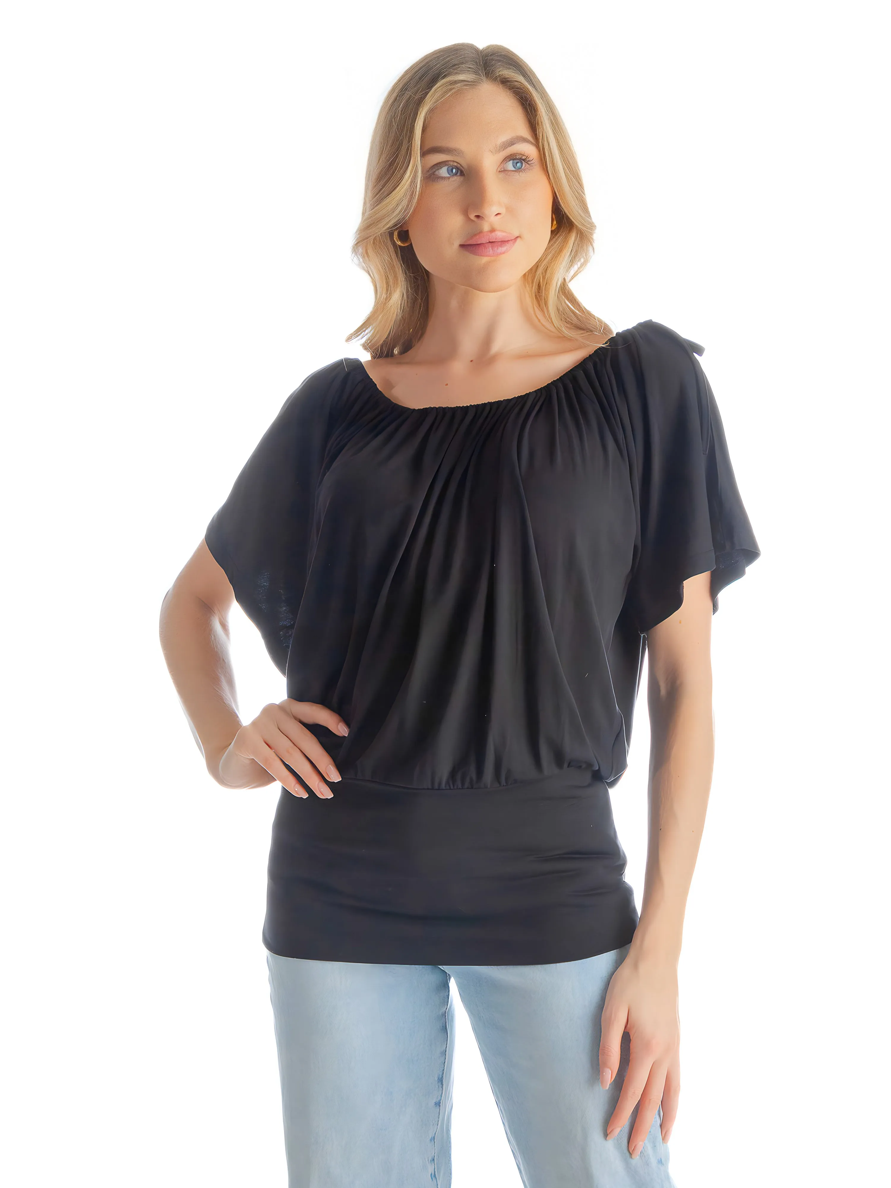 Womens Solid Color Short Sleeve Split Shoulder Top