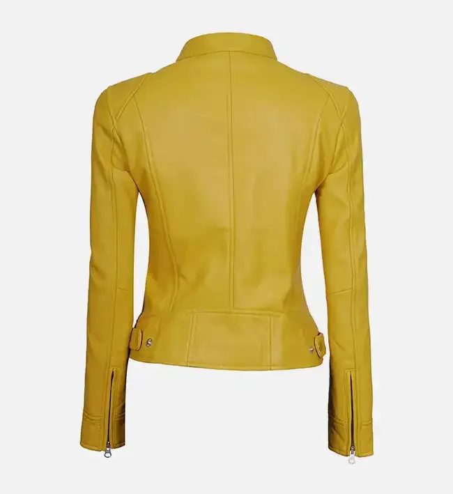 Women's Yellow Cafe Racer Leather Jacket