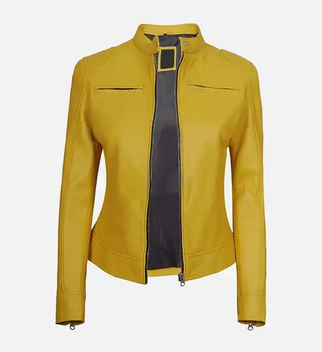 Women's Yellow Cafe Racer Leather Jacket