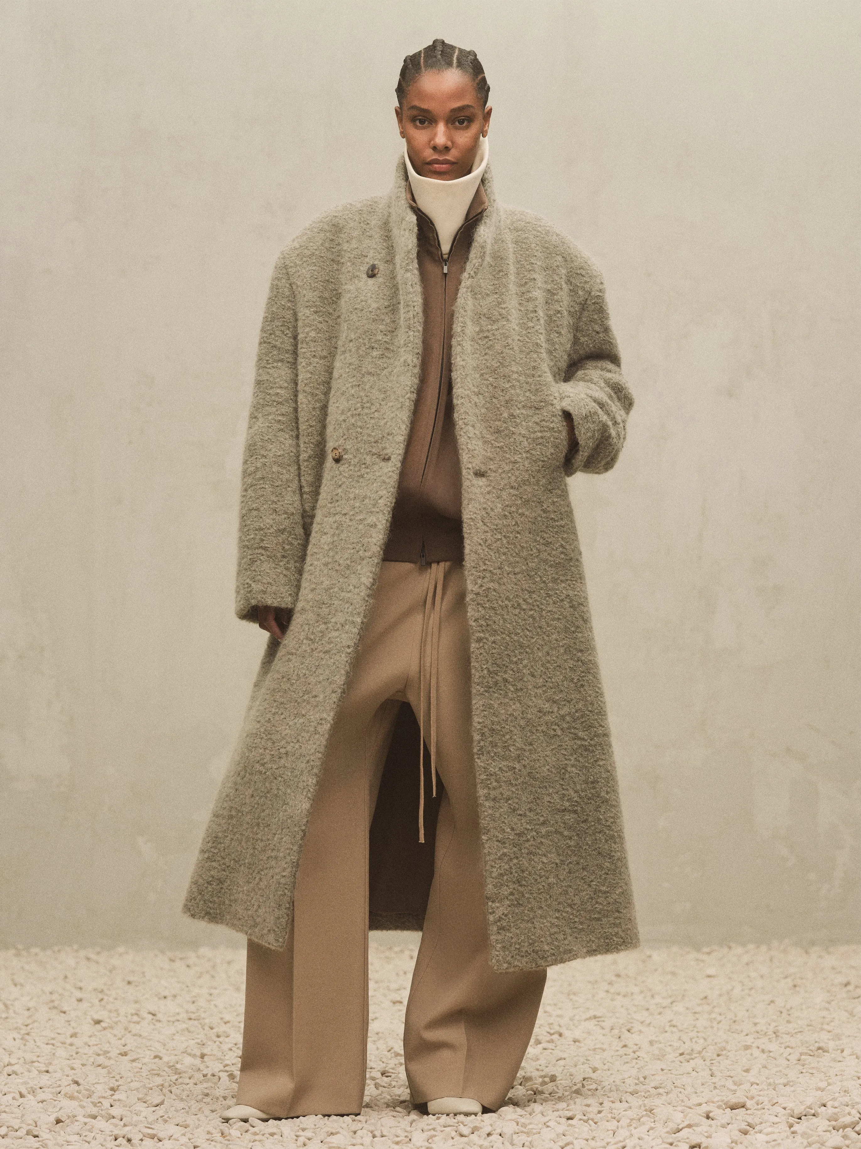 Wool Boucle Stand Collar Overcoat