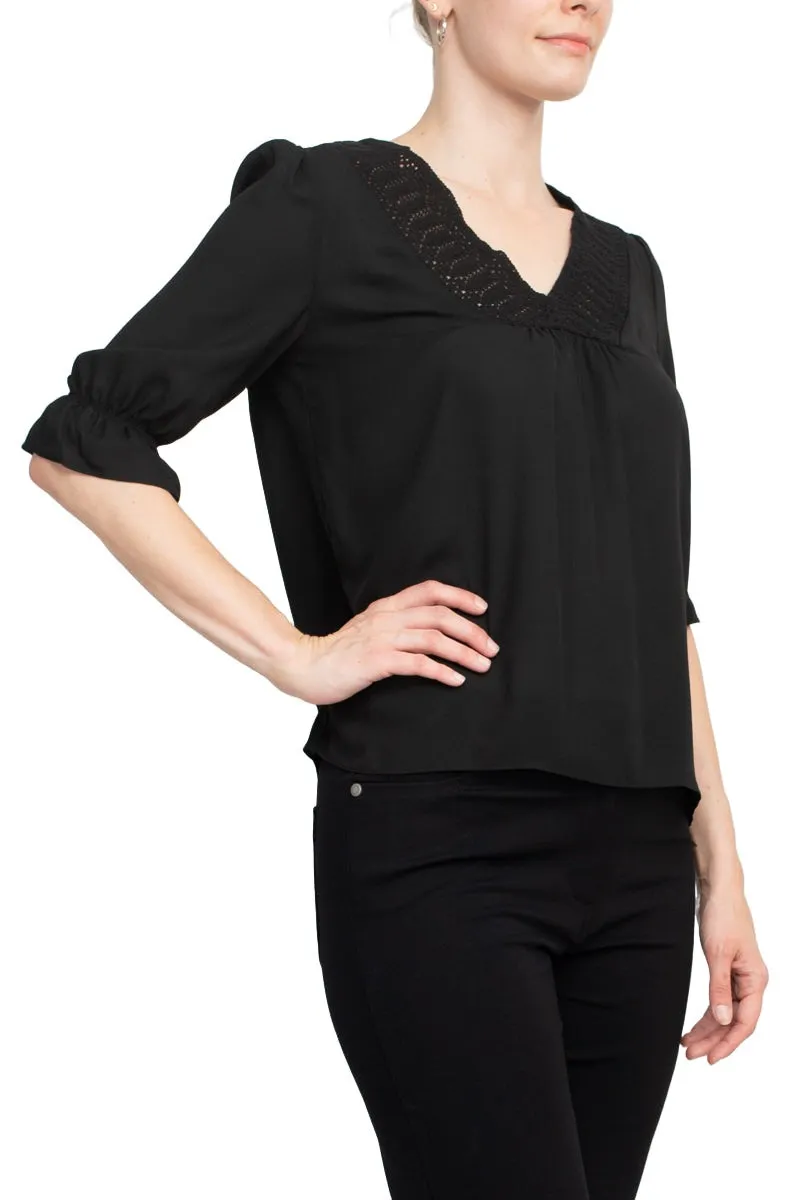 Zac & Rachel Lace V-Neck 3/4 Sleeve Solid Crepe Top