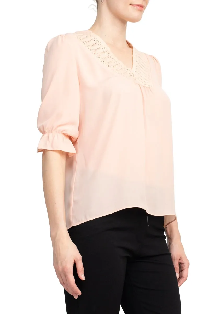 Zac & Rachel Lace V-Neck 3/4 Sleeve Solid Crepe Top