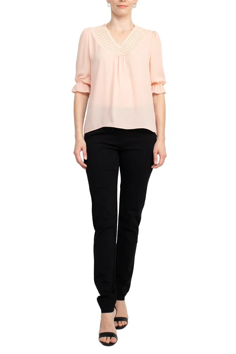 Zac & Rachel Lace V-Neck 3/4 Sleeve Solid Crepe Top