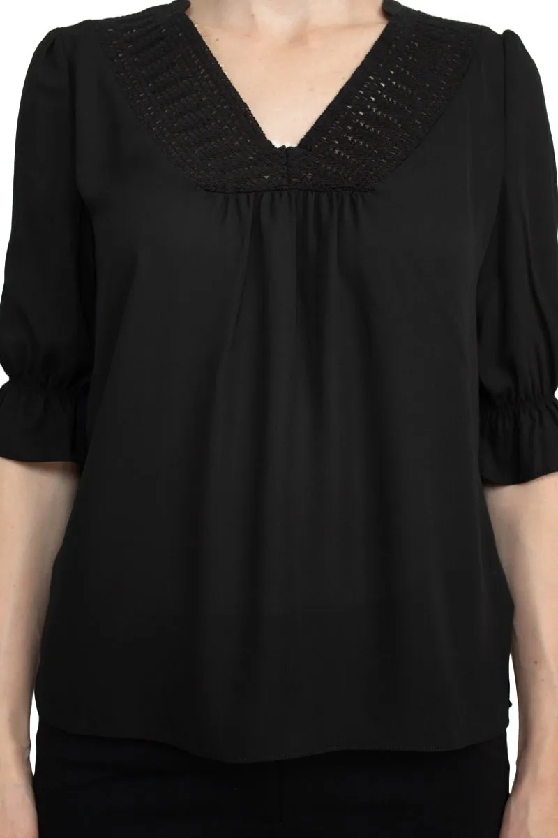 Zac & Rachel Lace V-Neck 3/4 Sleeve Solid Crepe Top