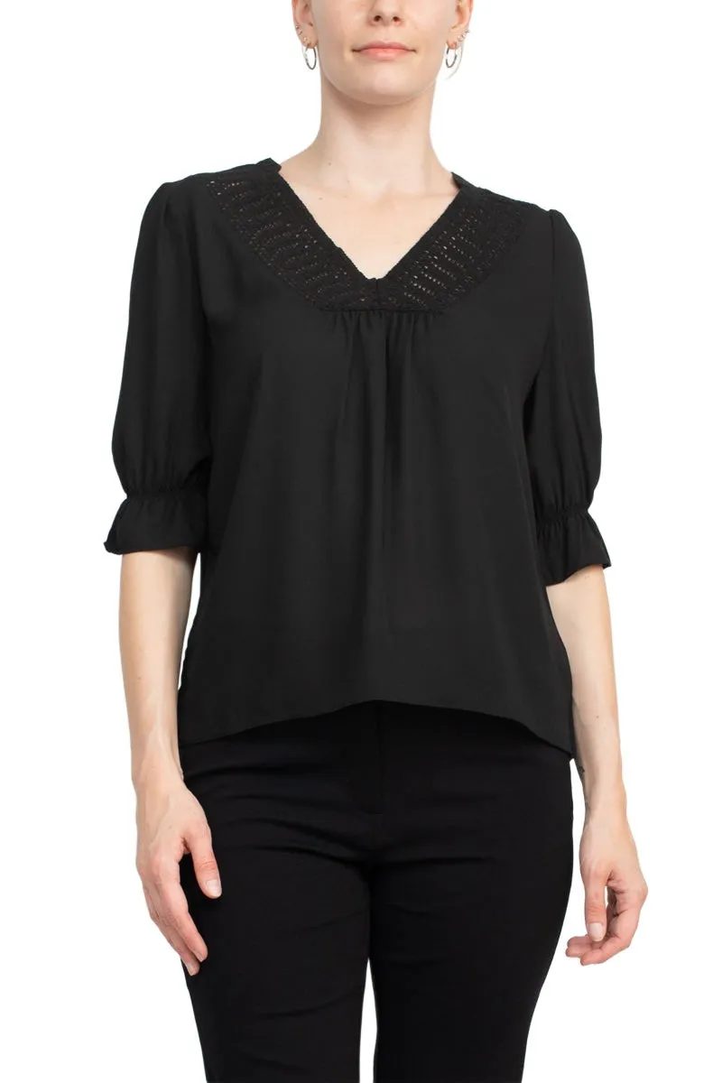 Zac & Rachel Lace V-Neck 3/4 Sleeve Solid Crepe Top