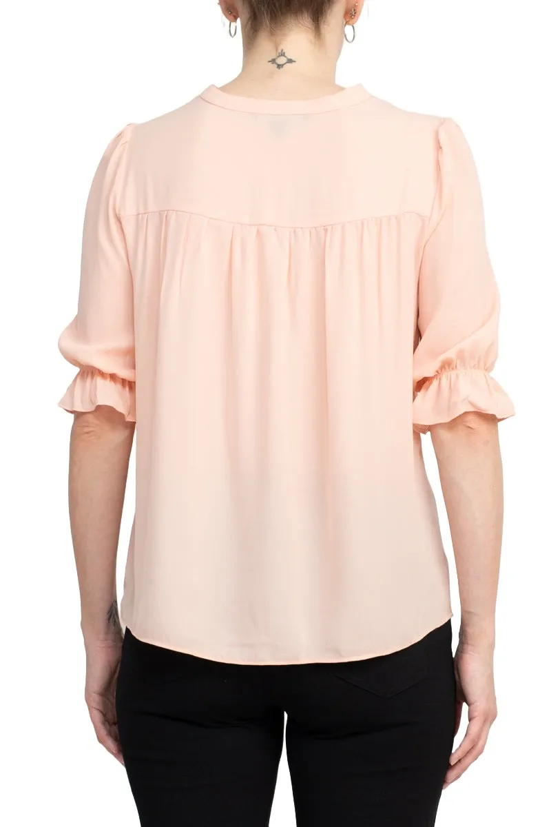 Zac & Rachel Lace V-Neck 3/4 Sleeve Solid Crepe Top