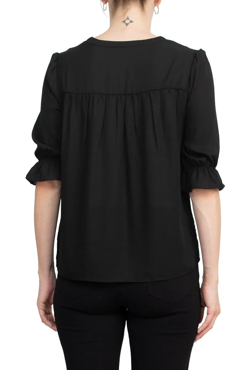 Zac & Rachel Lace V-Neck 3/4 Sleeve Solid Crepe Top